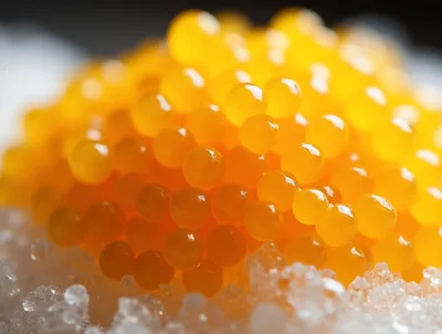 Macro Shot Of Fresh Orange Salmon Roe On Ice