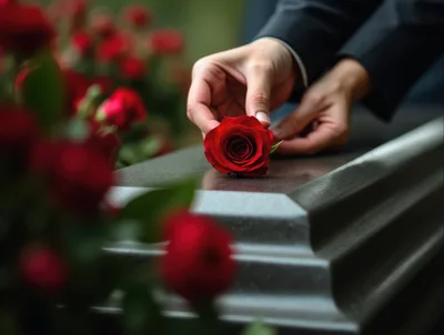 Person Placing A Red Rose On A Casket