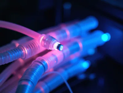 Fiber Optic Cables With Glowing Pink And Blue Light