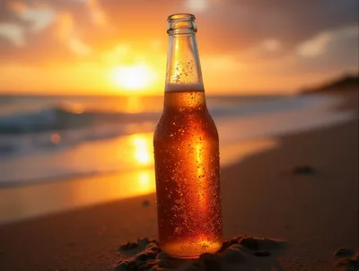 Cold Beer Bottle Standing On Sandy Beach At Sunset