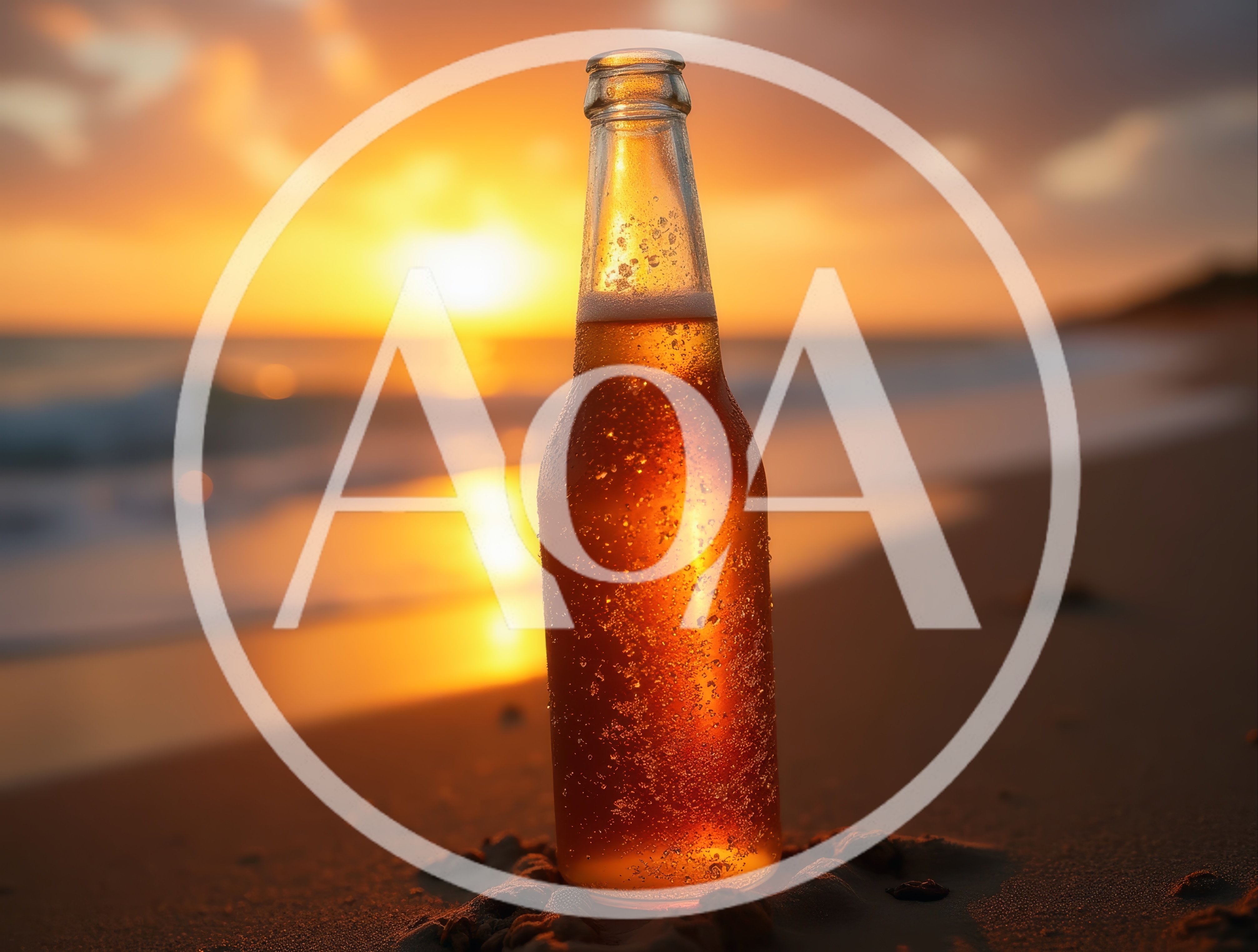 Cold Beer Bottle Standing On Sandy Beach At Sunset