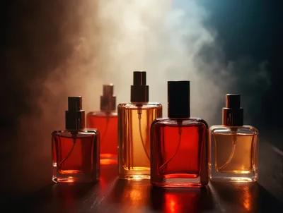 Five Glass Perfume Bottles Arranged On A Dark Surface