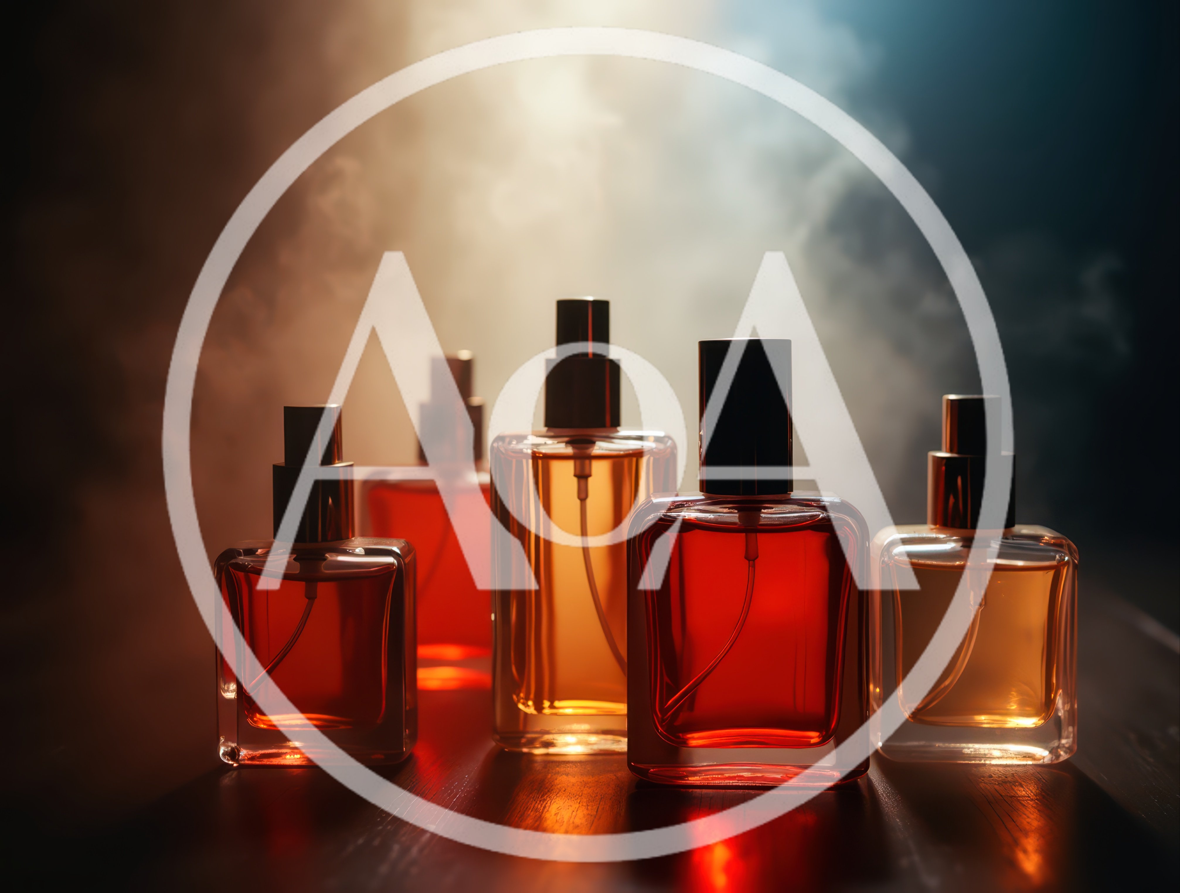 Five Glass Perfume Bottles Arranged On A Dark Surface