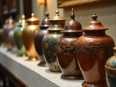 Decorative Ceramic Urns Displayed On A Shelf
