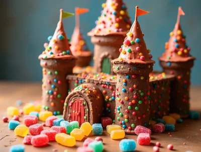 Chocolate Castle Cake Decorated With Colorful Candy