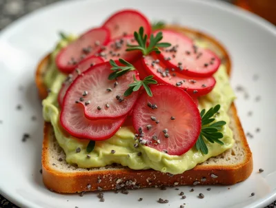 Avocado Toast With Sliced Radishes And Chia Seeds