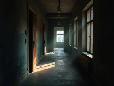 Abandoned Hallway With Sunlight Streaming Through Windows