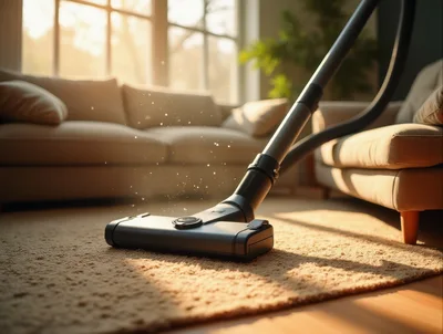 Vacuum Cleaner Cleaning Carpet In Sunlit Living Room