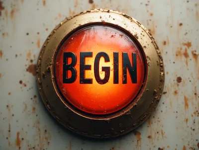 Glowing Red Begin Button On A Weathered Metal Surface