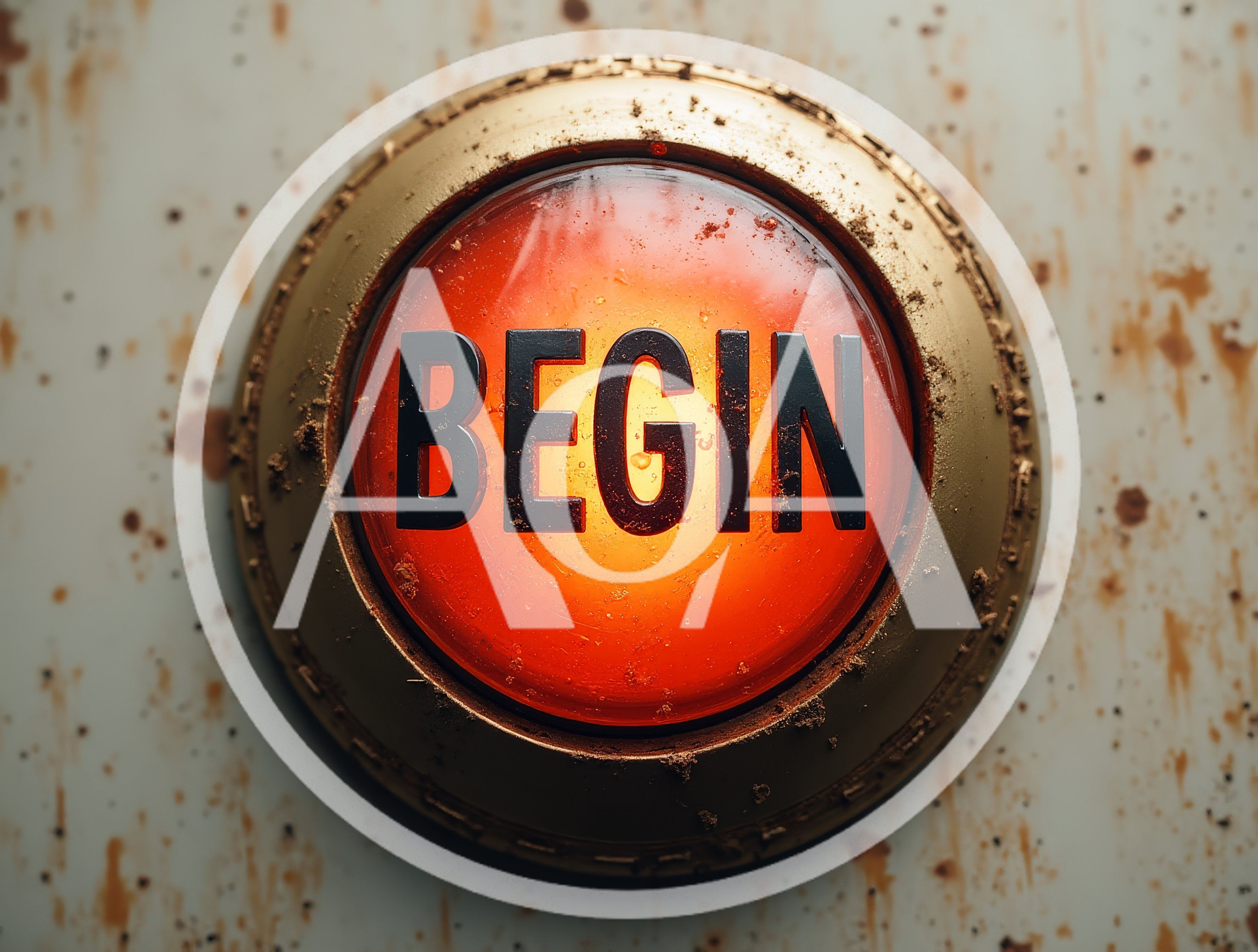 Glowing Red Begin Button On A Weathered Metal Surface