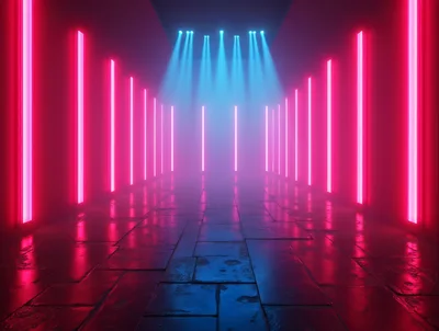 Futuristic Corridor With Neon Pink Lights And Blue Spotlights