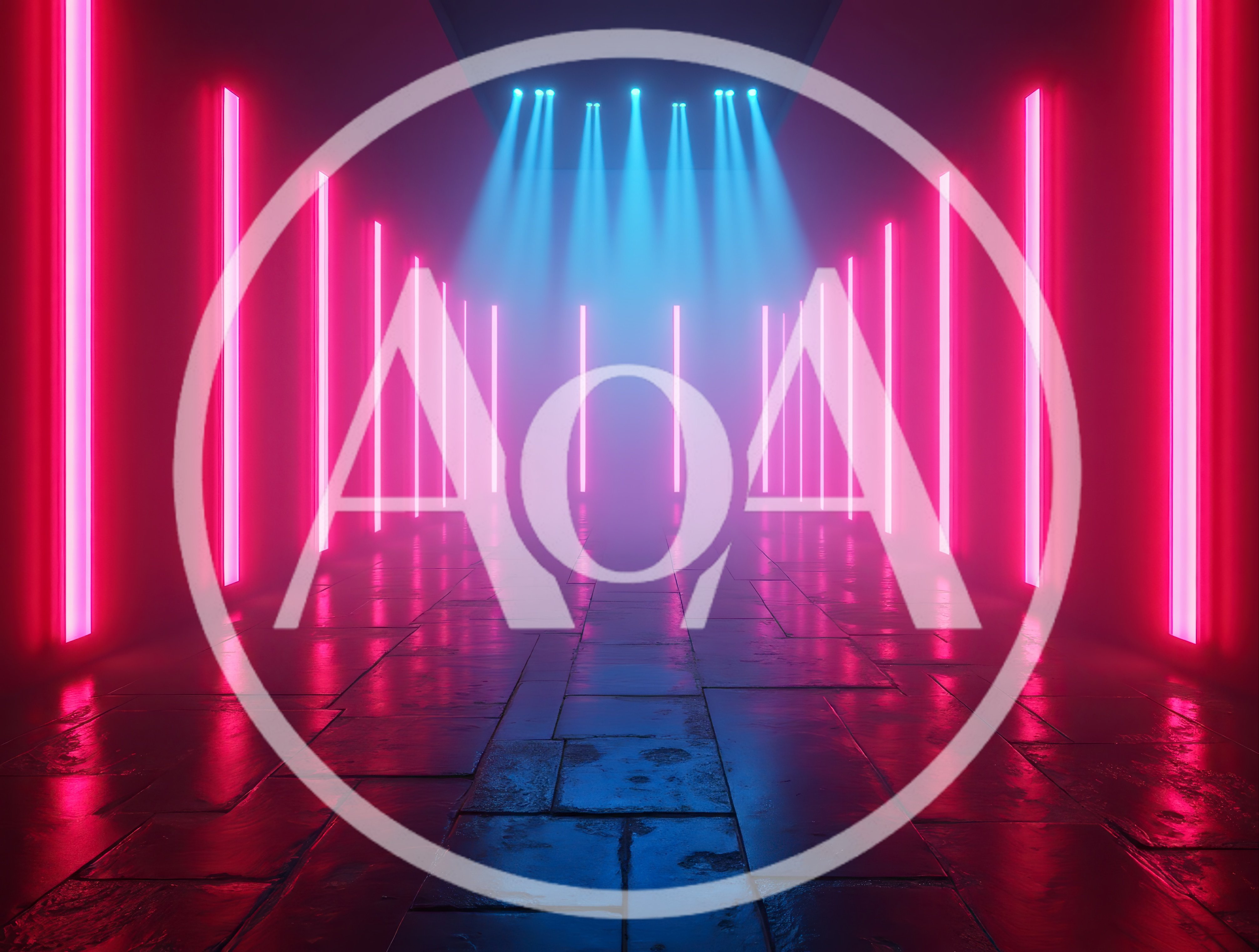 Futuristic Corridor With Neon Pink Lights And Blue Spotlights