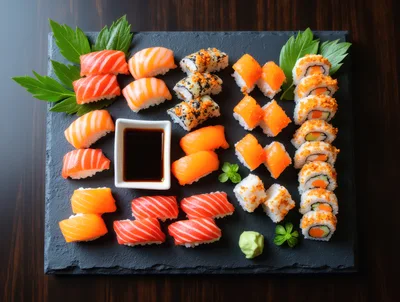 Assorted Salmon Sushi Platter on Slate Board