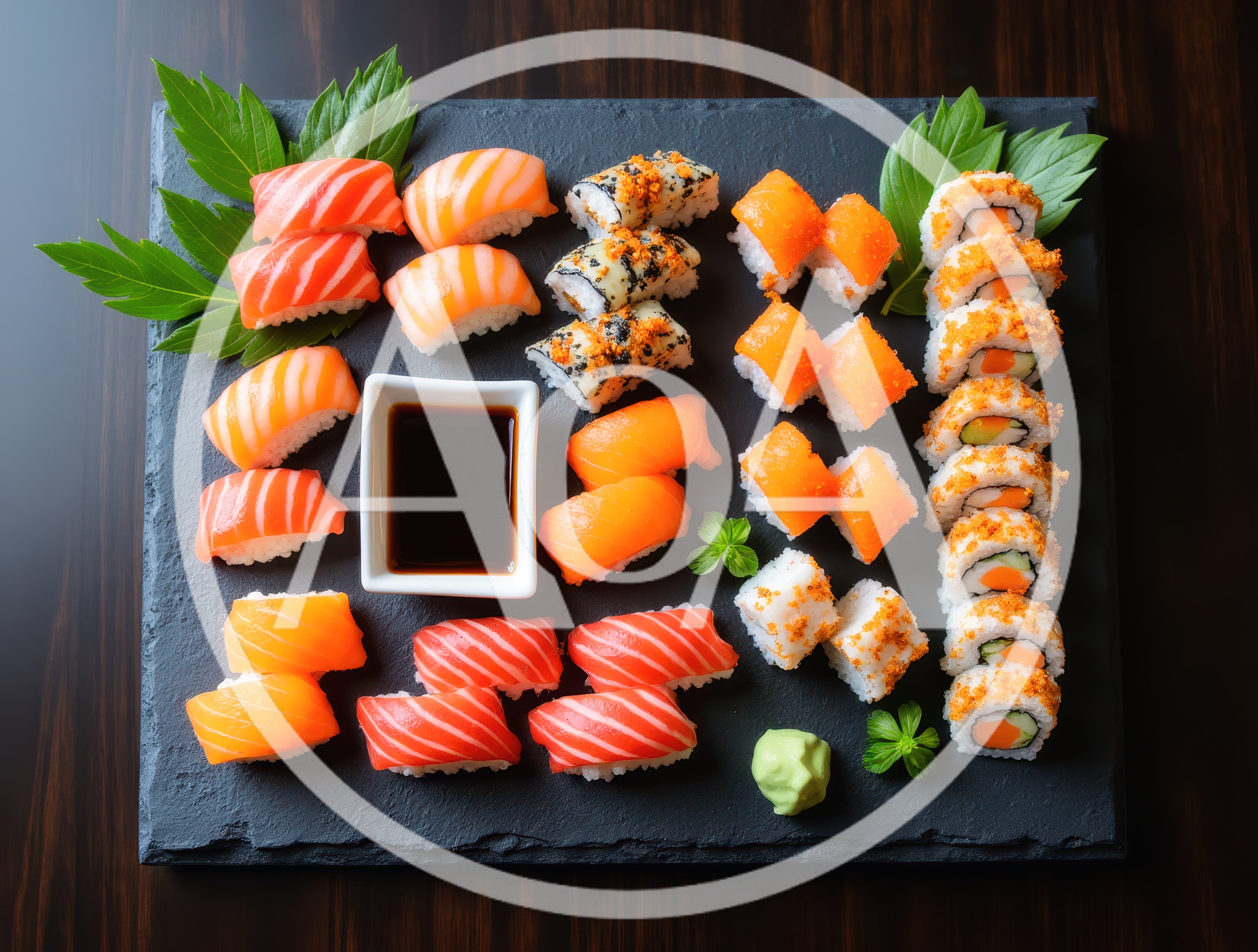 Assorted Salmon Sushi Platter on Slate Board