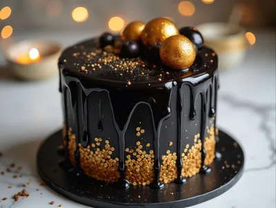 Elegant Black Chocolate Drip Cake With Gold Decorations