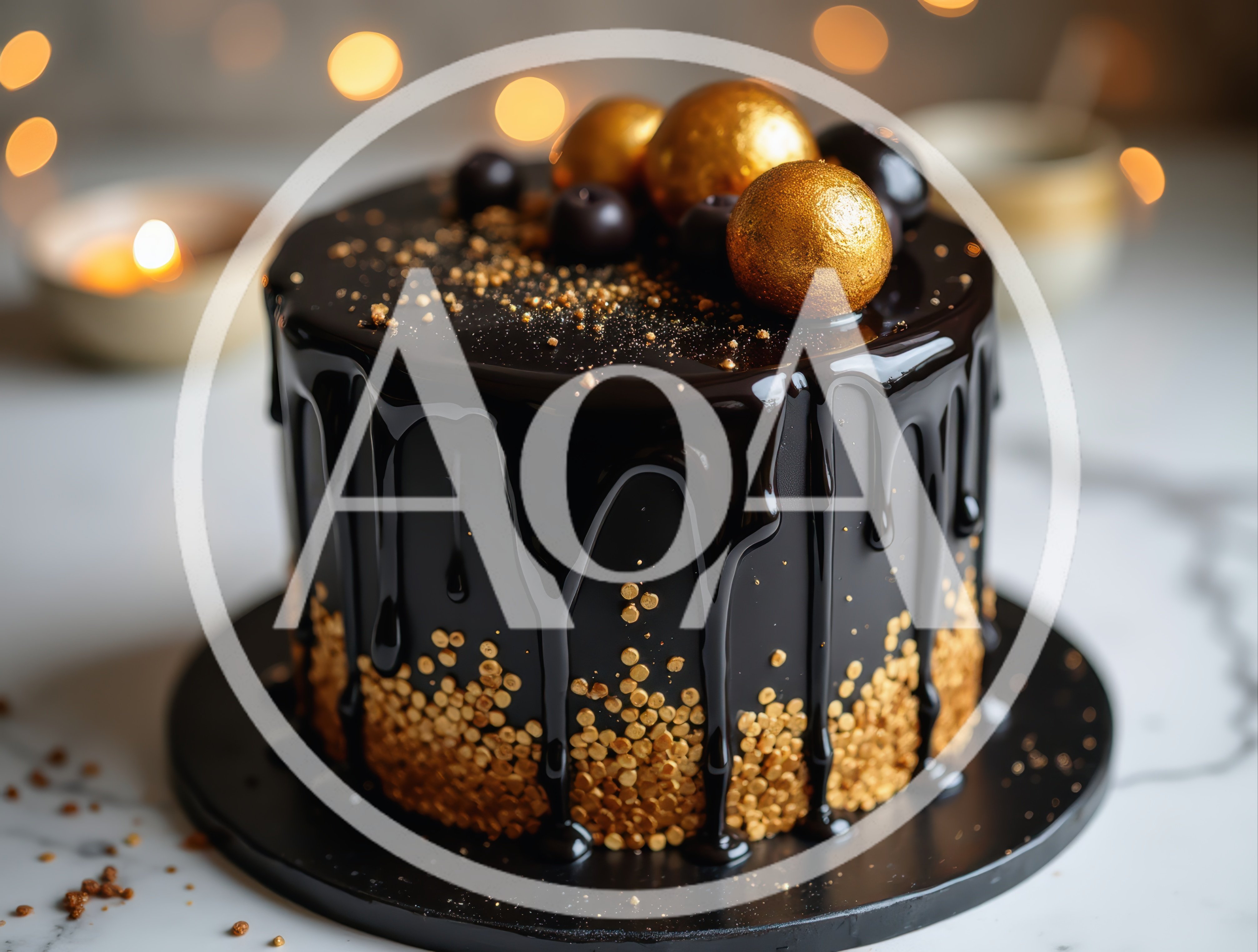 Elegant Black Chocolate Drip Cake With Gold Decorations