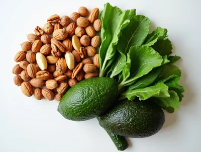 Fresh Avocado Nuts And Leafy Greens On White