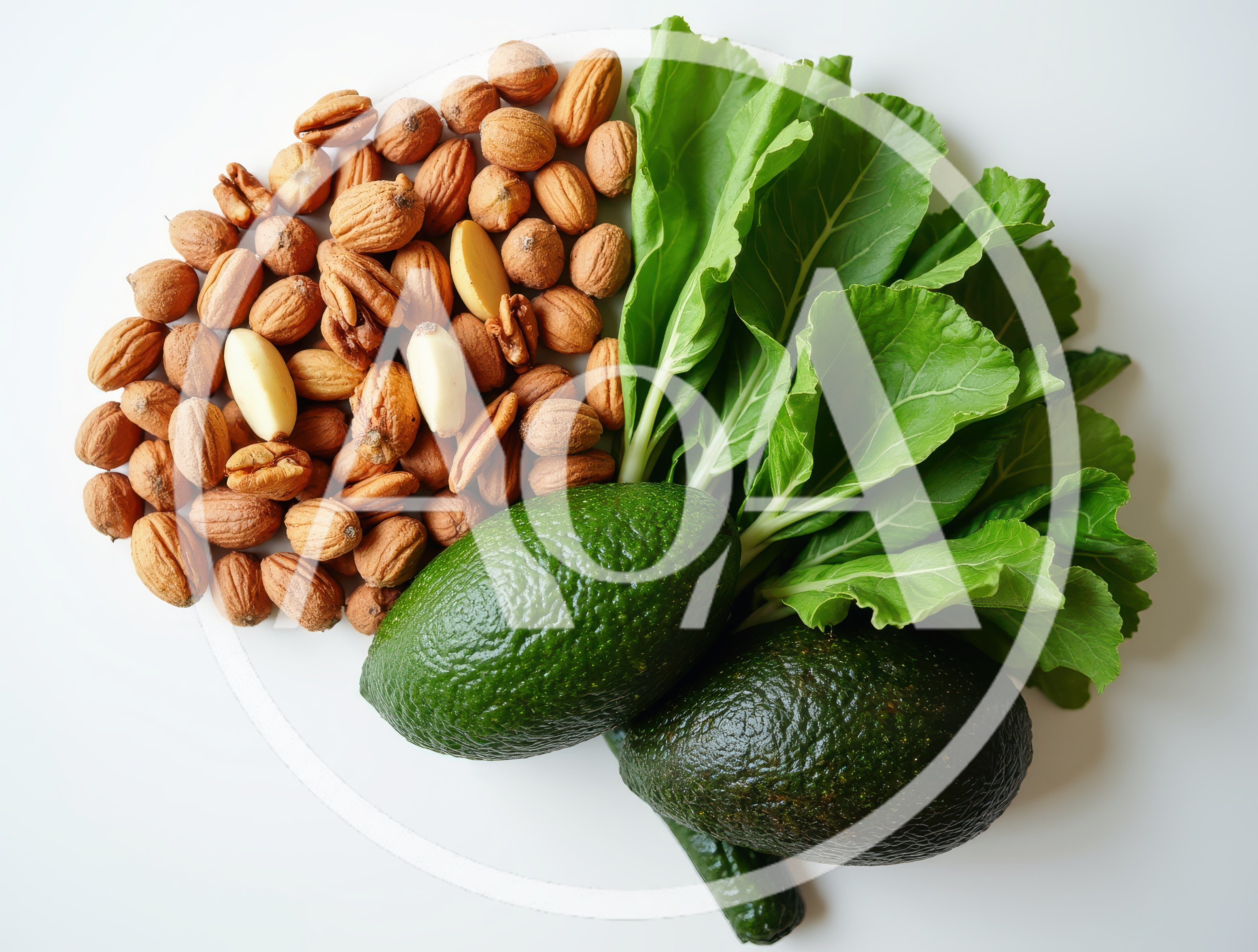 Fresh Avocado Nuts And Leafy Greens On White