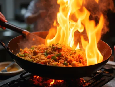 Chef Stir Frying Noodles In A Flaming Wok