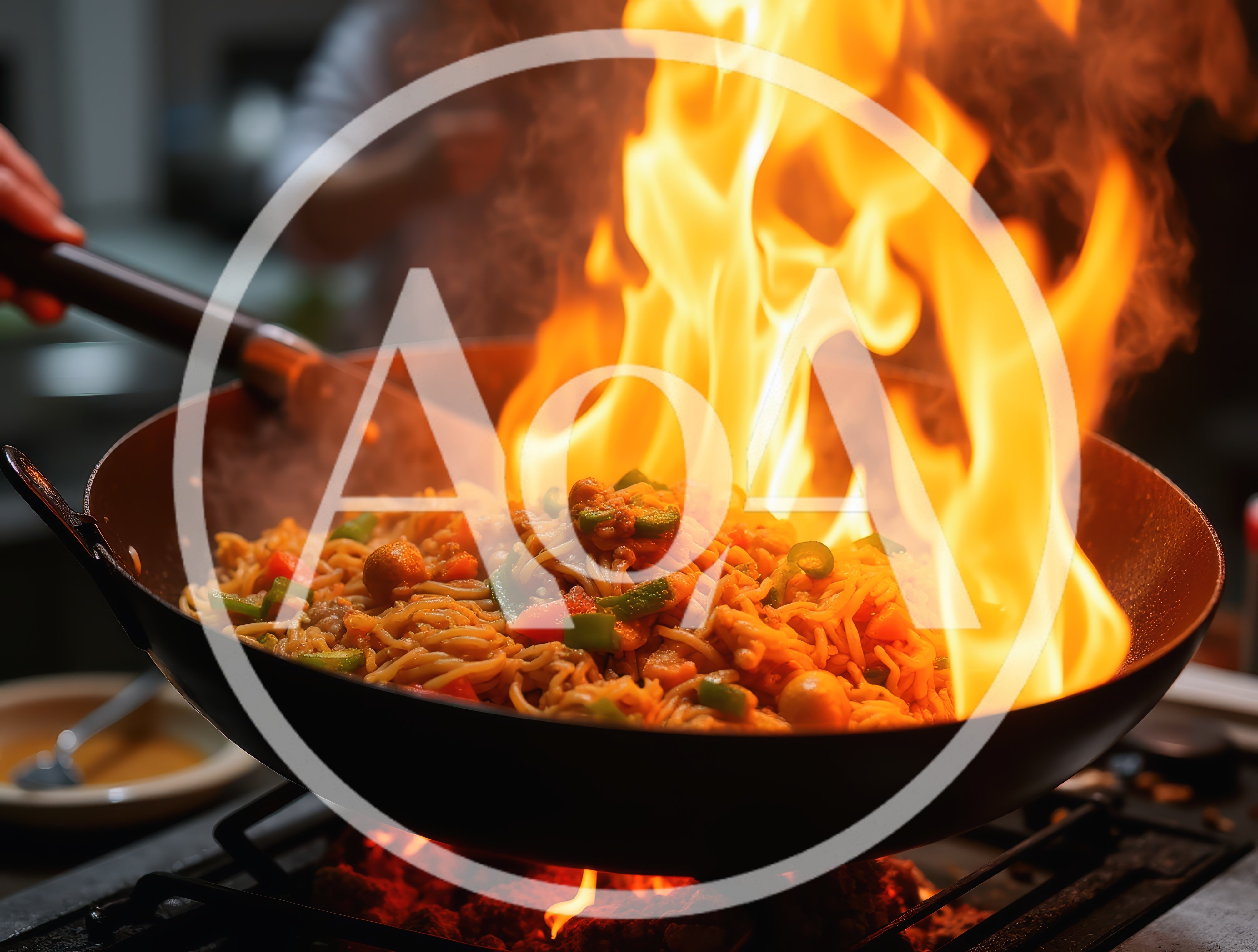 Chef Stir Frying Noodles In A Flaming Wok
