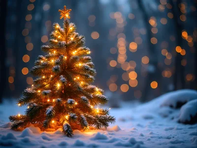 Illuminated Christmas Tree In Snowy Forest At Night