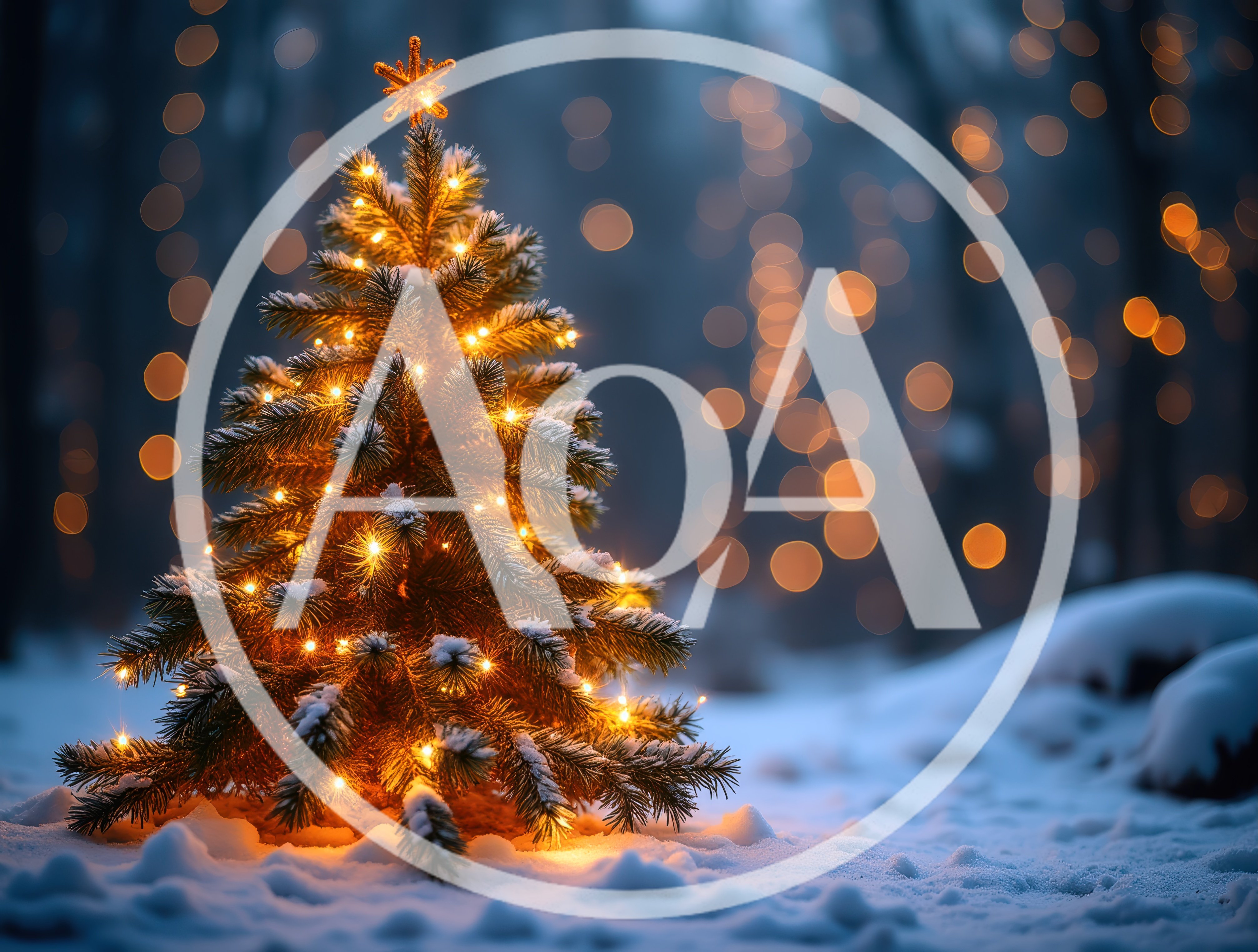 Illuminated Christmas Tree In Snowy Forest At Night