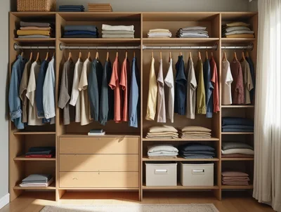 Organized Wooden Closet With Hanging Clothes And Shelves