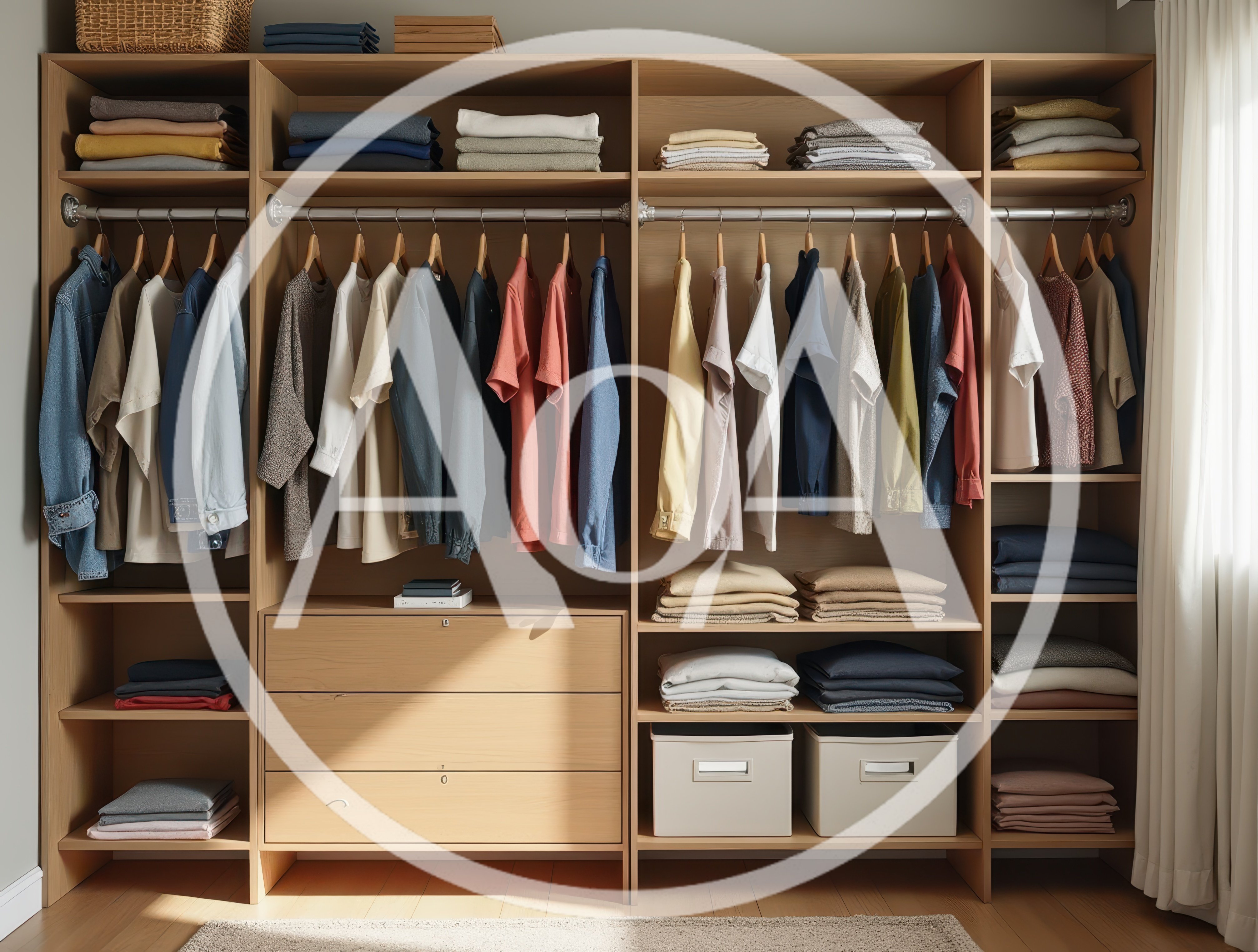 Organized Wooden Closet With Hanging Clothes And Shelves