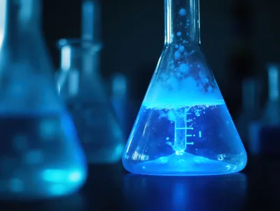Glowing Blue Chemical Reaction in Laboratory Erlenmeyer Flask