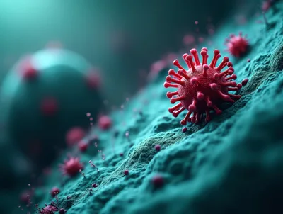 Microscopic View Of Red Coronavirus Cells On Tissue