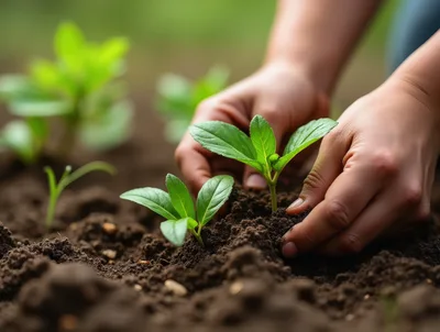 Hands Planting Young Green Seedlings In Fertile Soil