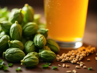 Fresh Hops and Barley Grains Beside Beer Glass