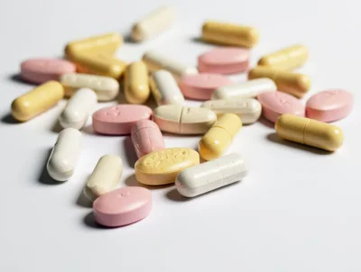 Assorted Pharmaceutical Pills and Capsules on White Background