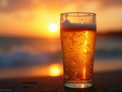 Glass Of Beer On Beach At Sunset