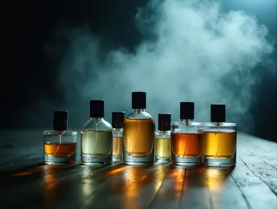 Collection Of Perfume Bottles On A Wooden Table