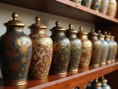 Decorative Ceramic Urns Displayed On Wooden Shelves