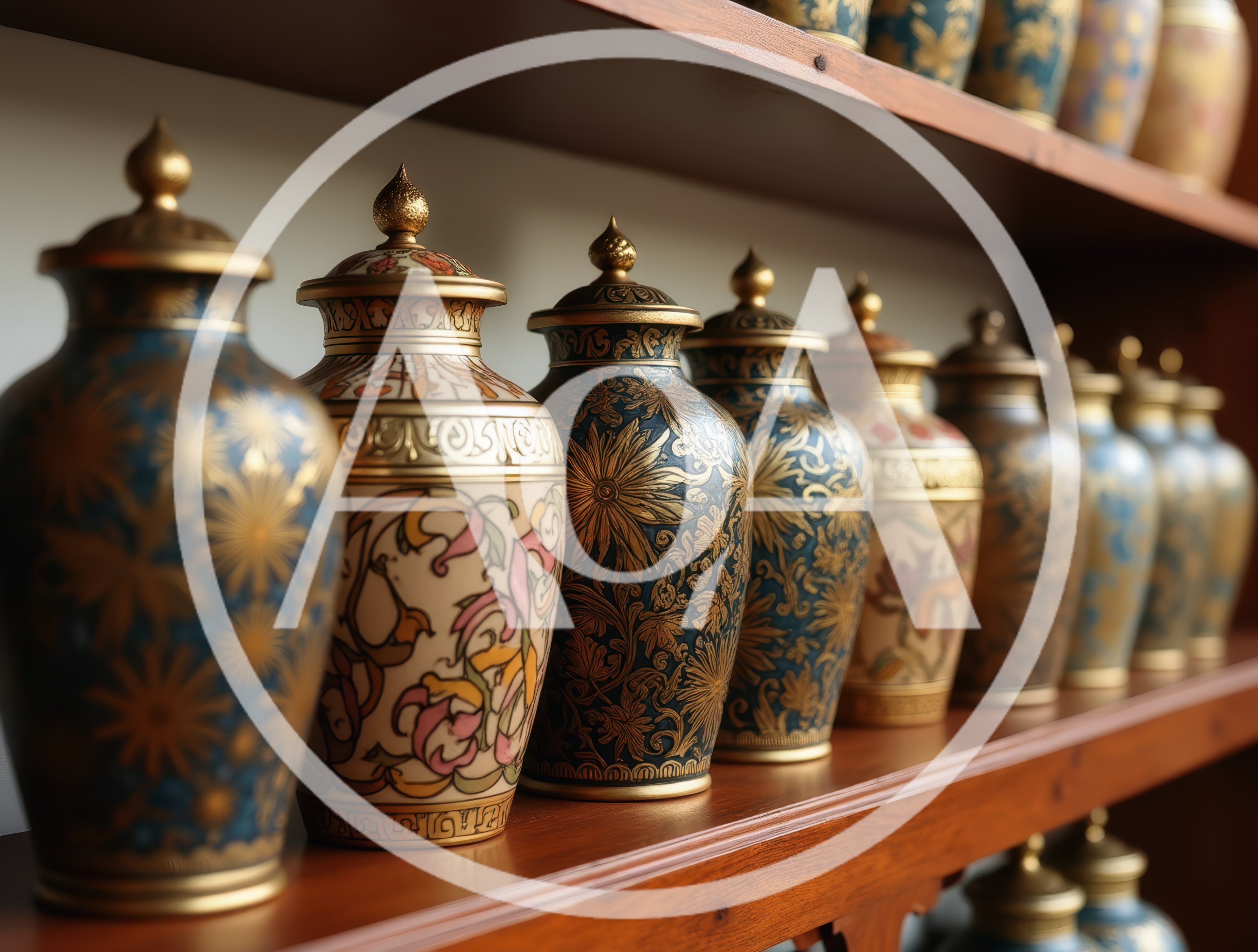 Decorative Ceramic Urns Displayed On Wooden Shelves