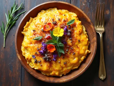 Gourmet Pumpkin Risotto Garnished With Edible Flowers