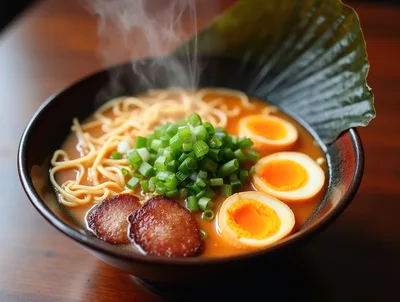 Steaming Bowl Of Japanese Ramen With Toppings