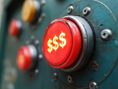 Close Up Of A Red Industrial Button With Dollar Signs
