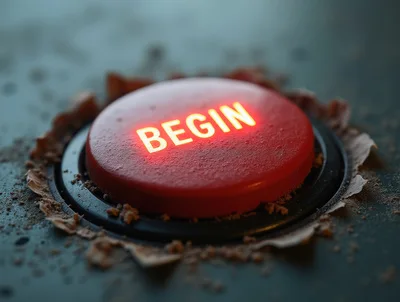 Glowing Red Begin Button Embedded In Dark Surface