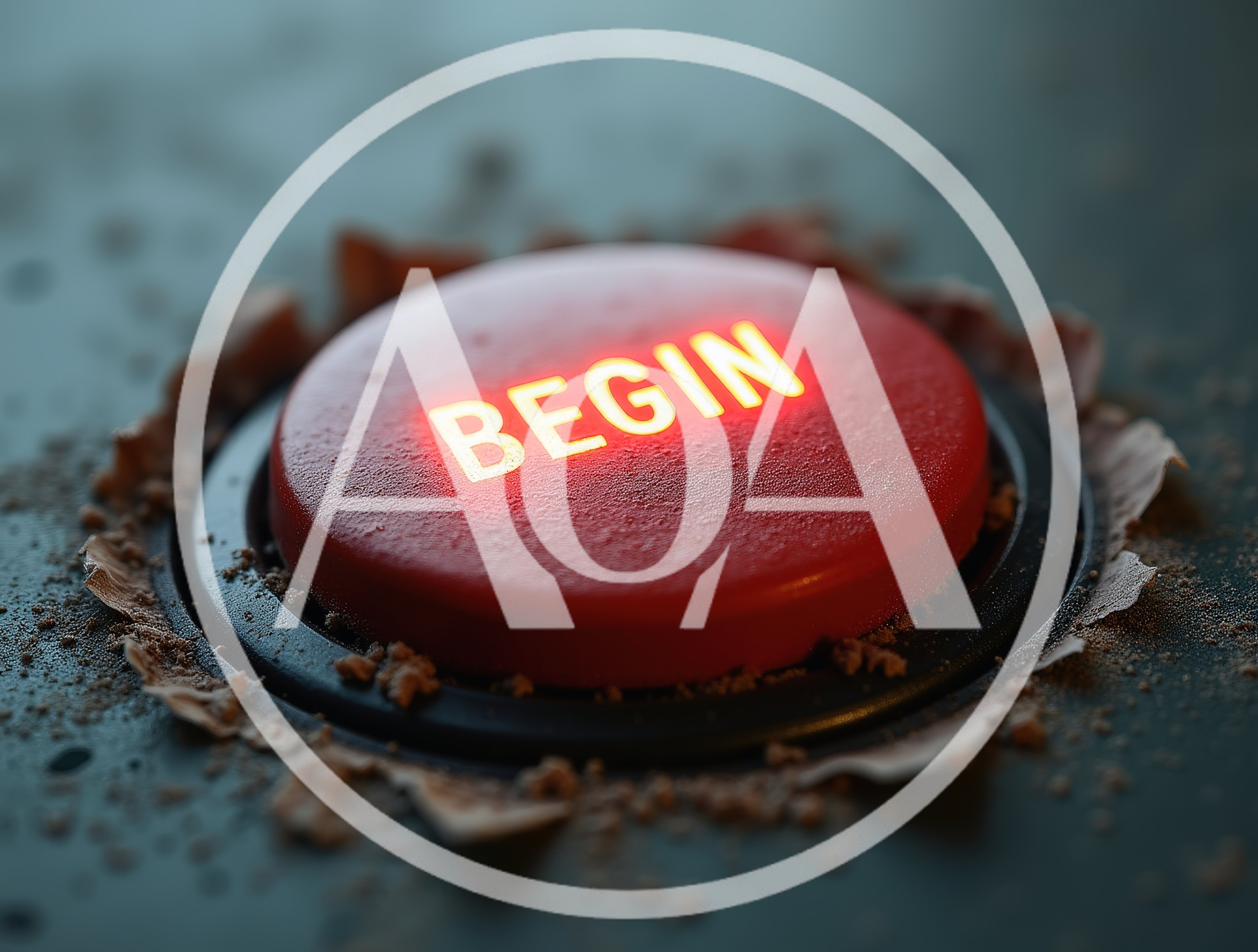 Glowing Red Begin Button Embedded In Dark Surface