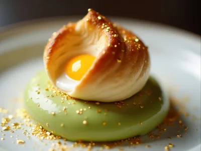 Gourmet Pastry With Egg Yolk On Green Cream