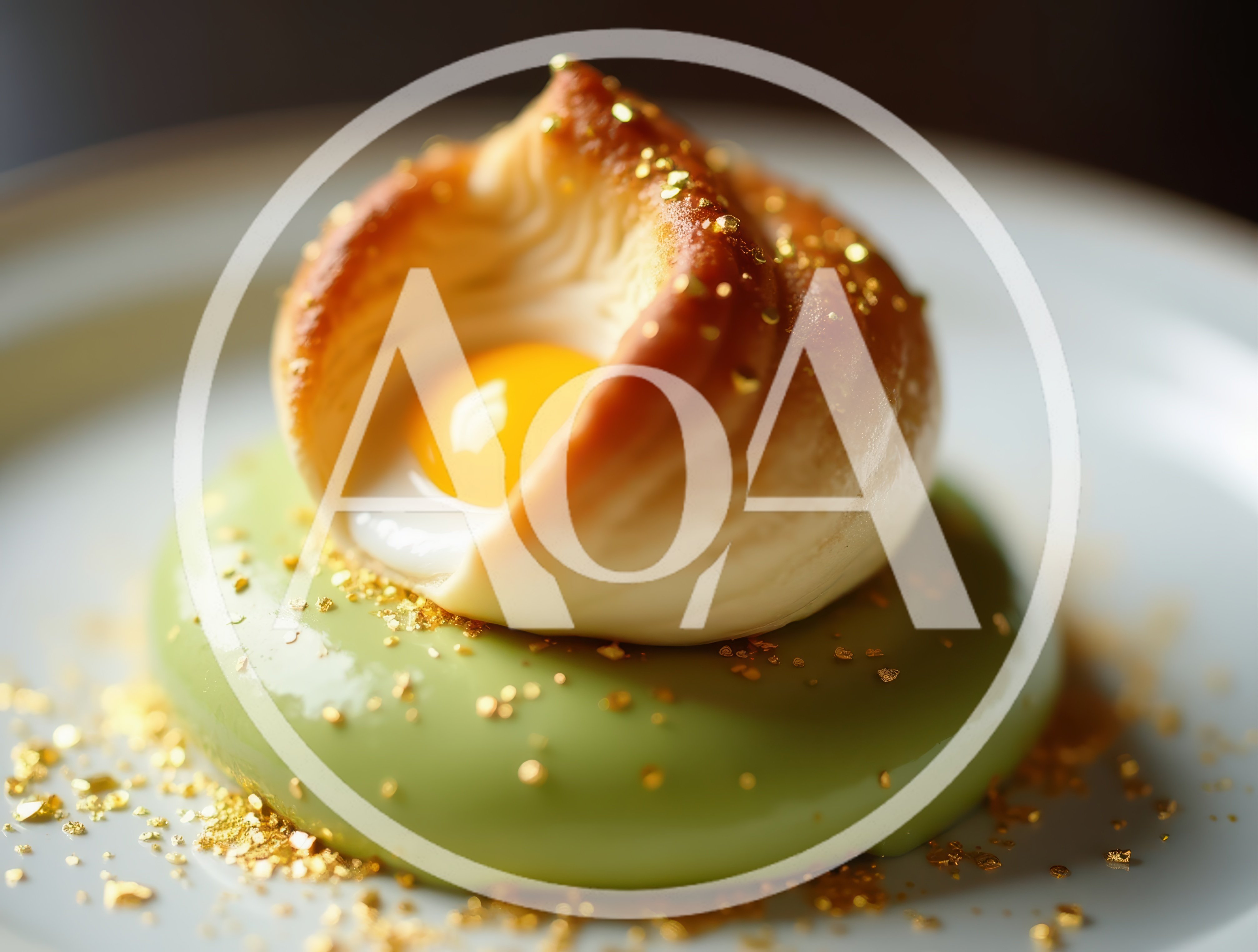 Gourmet Pastry With Egg Yolk On Green Cream