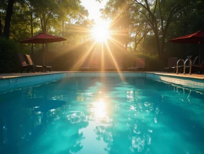 Sunlit Swimming Pool With Lounge Chairs At Sunset