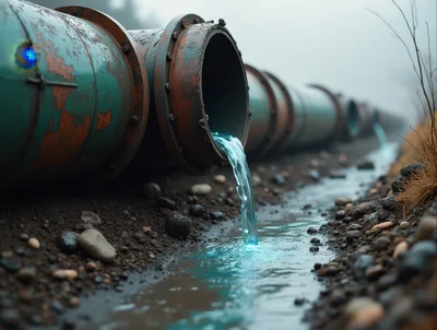 Industrial Pipeline Discharging Blue Liquid Into Drainage Ditch