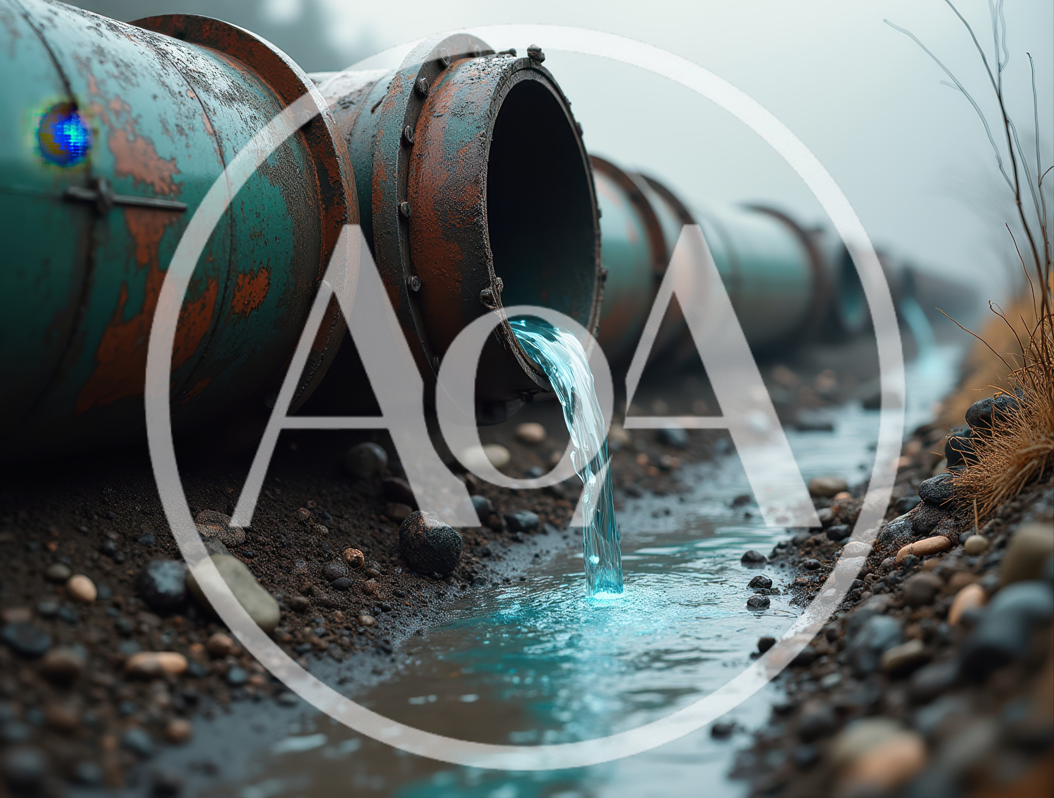 Industrial Pipeline Discharging Blue Liquid Into Drainage Ditch