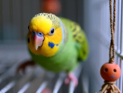 Close Up Portrait Of A Green Budgerigar In A Cage