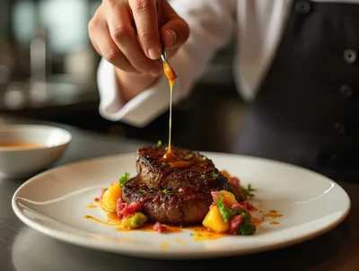 Chef Drizzling Sauce Over Gourmet Steak Dish