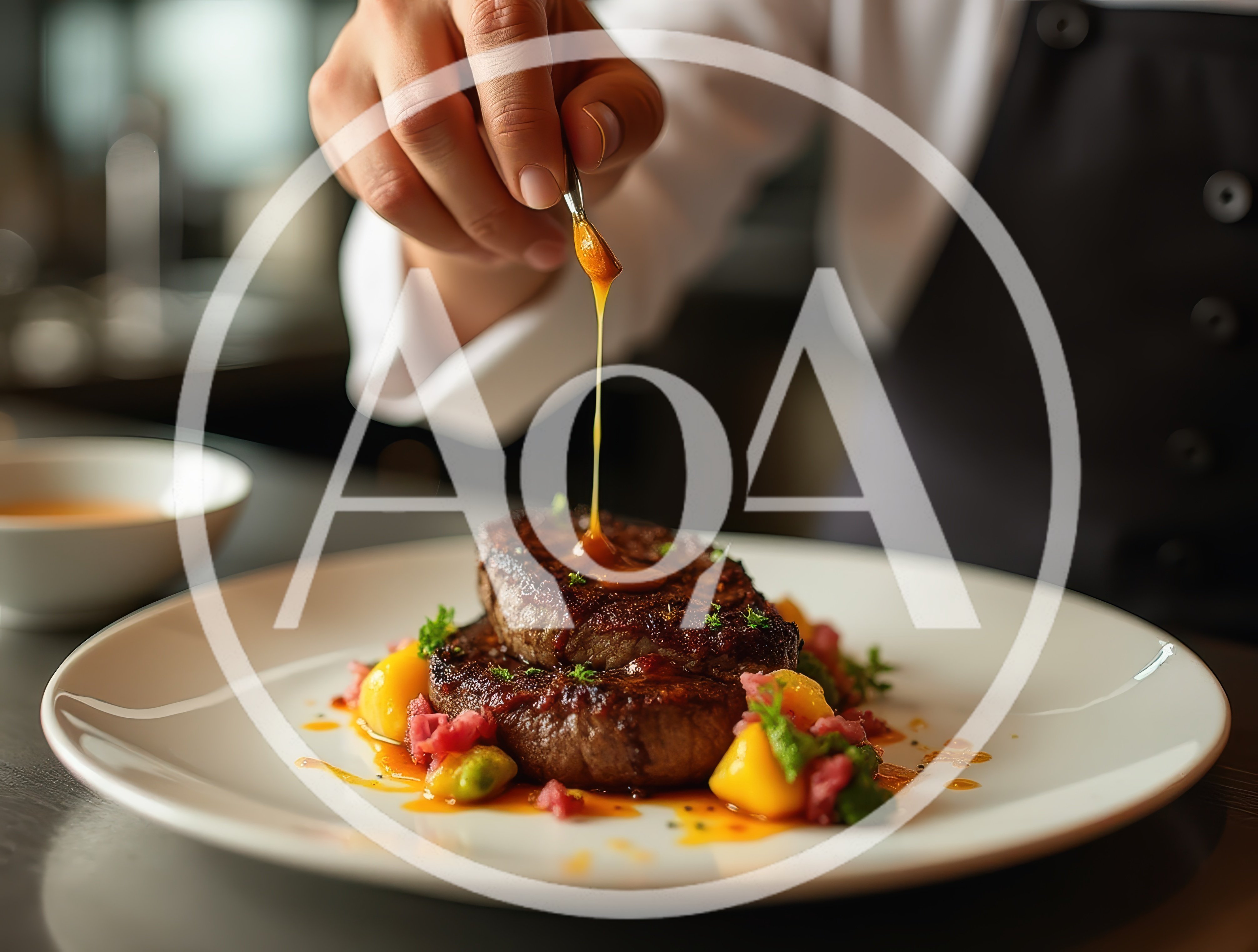 Chef Drizzling Sauce Over Gourmet Steak Dish